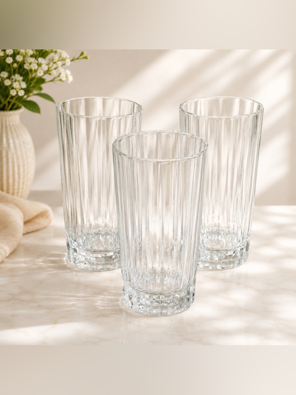 🔍 (3) Vintage Pasabahce Ribbed Highball Glasses Made in Turkey